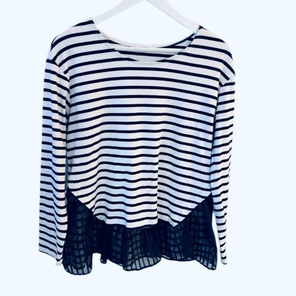 Pleione 90’s Y2K Women Stripe Long Sleeve Top with Lace Hem Navy Blue White Sz L - Picture 1 of 4